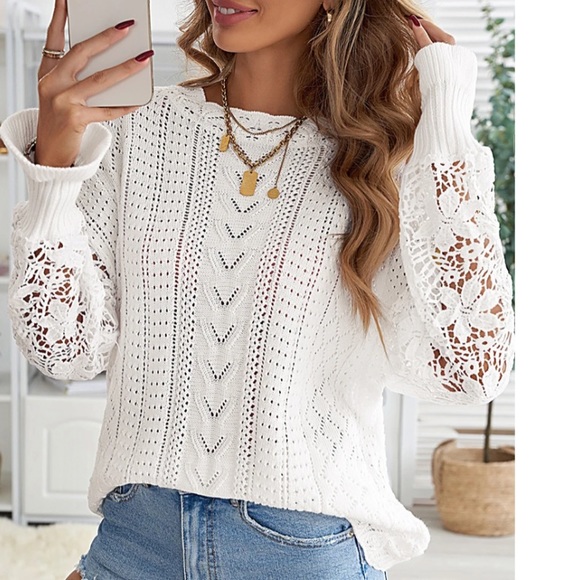 Last 1 S & 5 Star Rated! New Trendy Chic Knit Slouchy Sweater w Crochet Sleeves - Picture 4 of 8